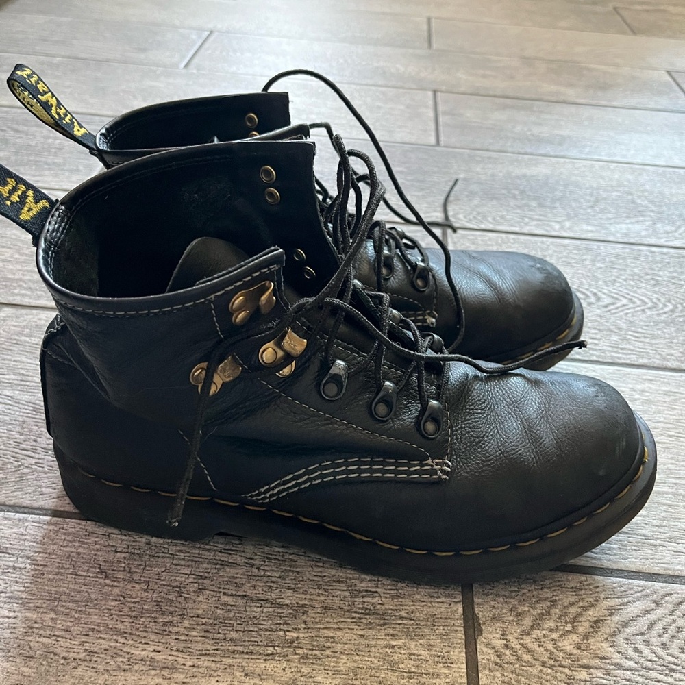 Dr. Martens Black Leather Lace-Up Boots with Yellow Stitching Pascal